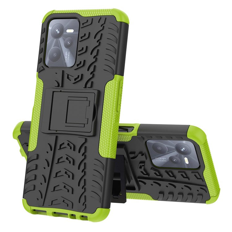 For Realme C35 Kickstand Phone Case Cool Tire Texture Anti-drop Hybrid TPU + PC Cover - Green
