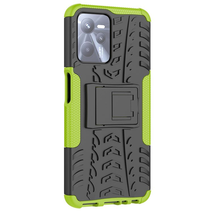 For Realme C35 Kickstand Phone Case Cool Tire Texture Anti-drop Hybrid TPU + PC Cover - Green