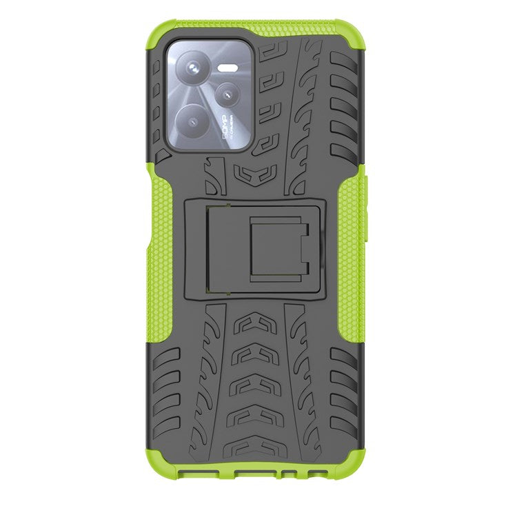 For Realme C35 Kickstand Phone Case Cool Tire Texture Anti-drop Hybrid TPU + PC Cover - Green