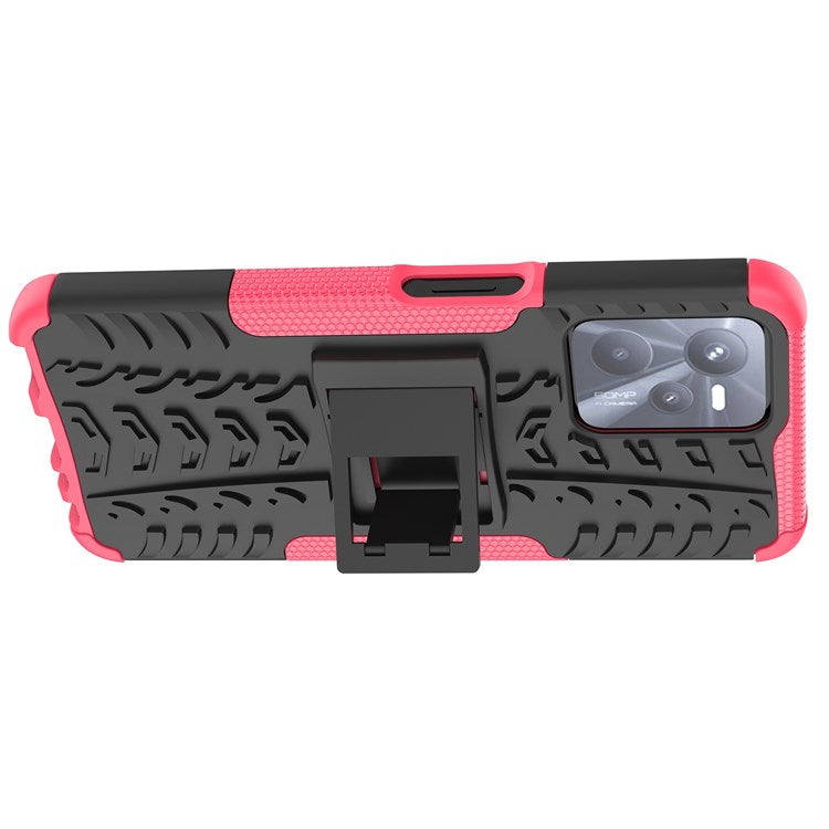 For Realme C35 Kickstand Phone Case Cool Tire Texture Anti-drop Hybrid TPU + PC Cover - Rose