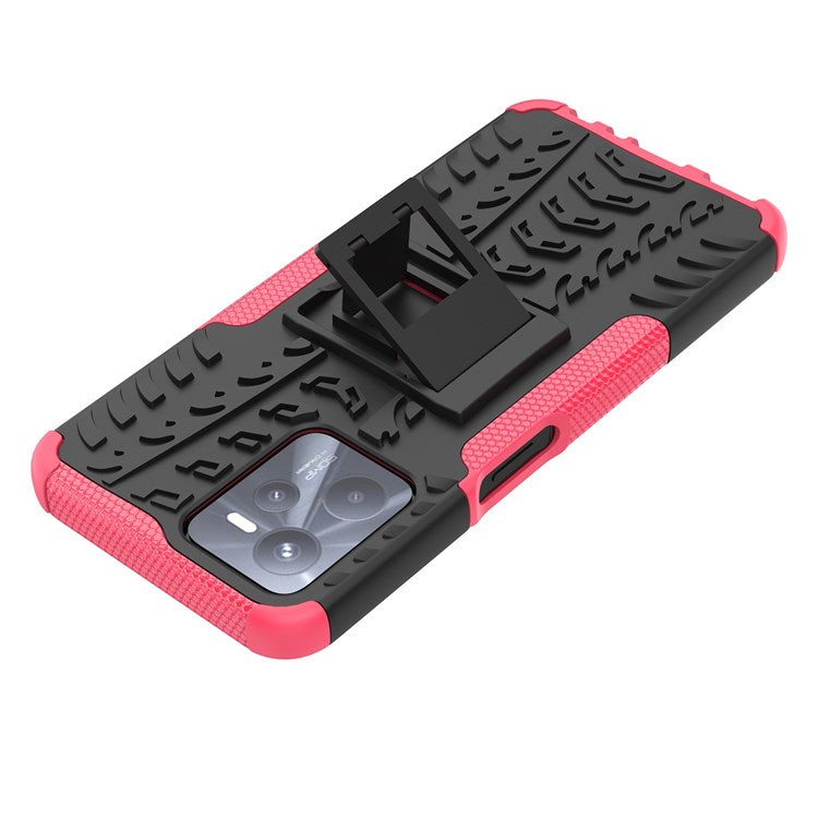 For Realme C35 Kickstand Phone Case Cool Tire Texture Anti-drop Hybrid TPU + PC Cover - Rose