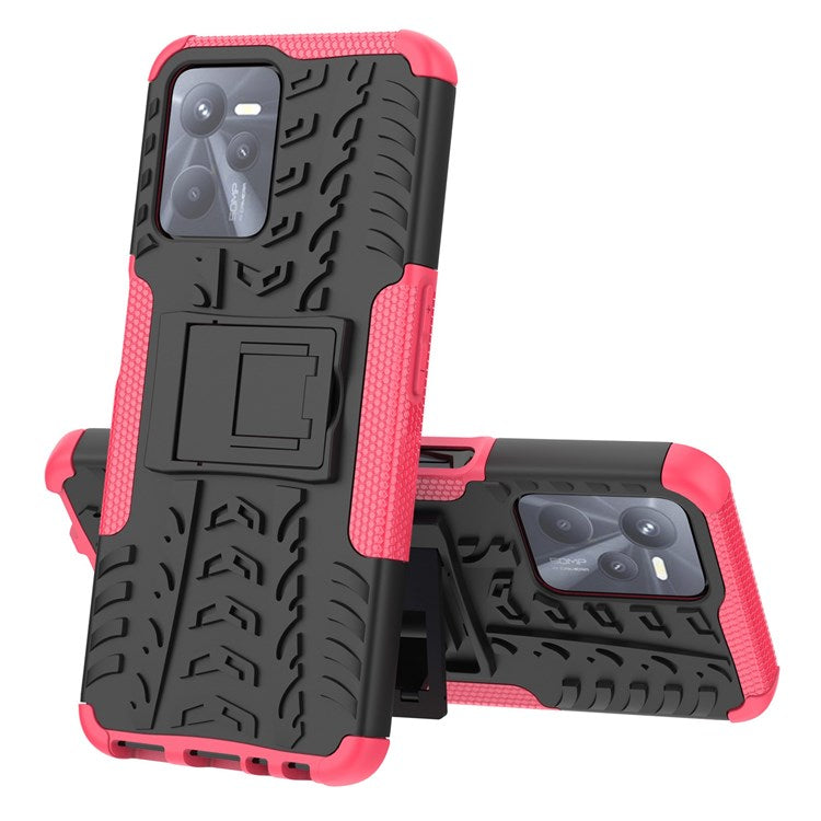 For Realme C35 Kickstand Phone Case Cool Tire Texture Anti-drop Hybrid TPU + PC Cover - Rose