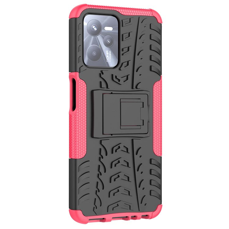 For Realme C35 Kickstand Phone Case Cool Tire Texture Anti-drop Hybrid TPU + PC Cover - Rose
