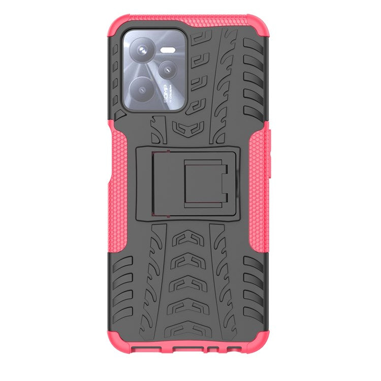 For Realme C35 Kickstand Phone Case Cool Tire Texture Anti-drop Hybrid TPU + PC Cover - Rose