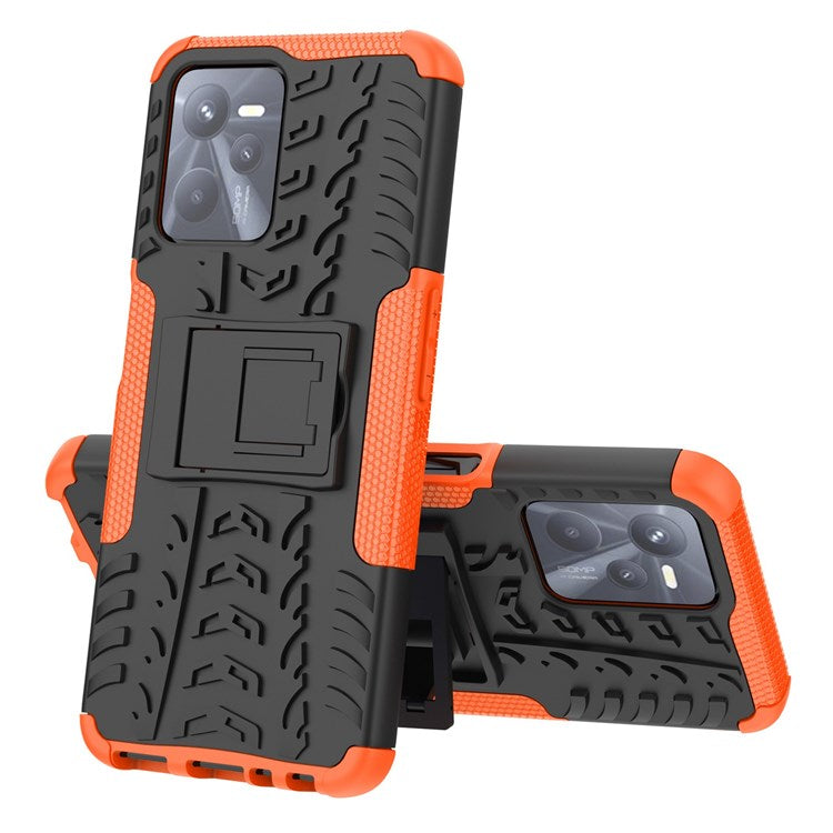 For Realme C35 Kickstand Phone Case Cool Tire Texture Anti-drop Hybrid TPU + PC Cover - Orange