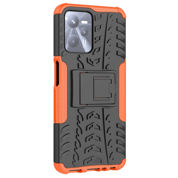 For Realme C35 Kickstand Phone Case Cool Tire Texture Anti-drop Hybrid TPU + PC Cover - Orange