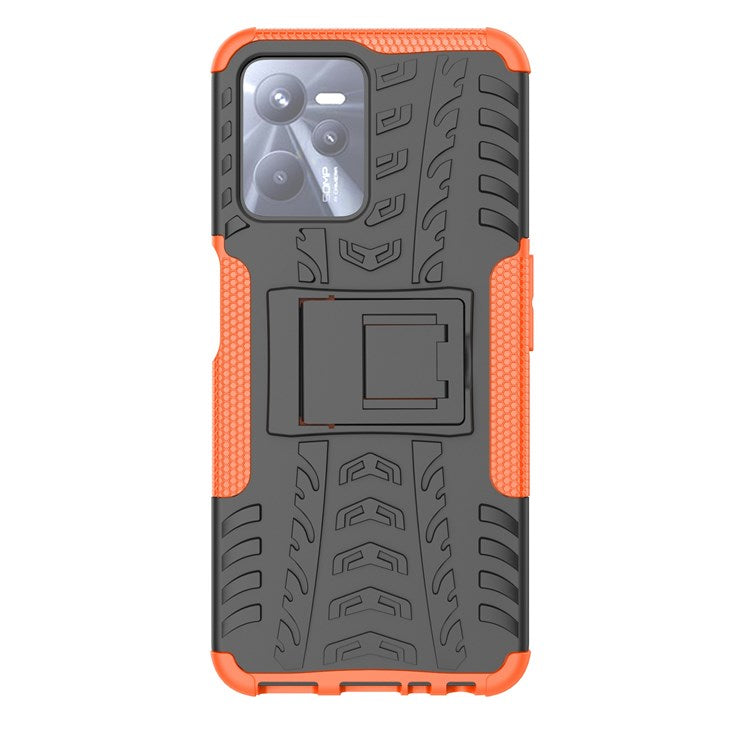For Realme C35 Kickstand Phone Case Cool Tire Texture Anti-drop Hybrid TPU + PC Cover - Orange