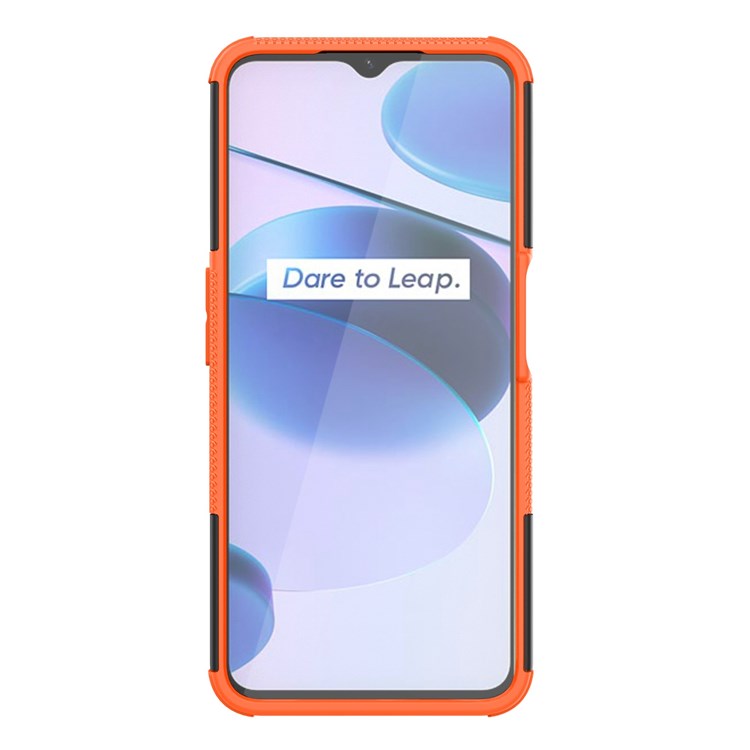 For Realme C35 Kickstand Phone Case Cool Tire Texture Anti-drop Hybrid TPU + PC Cover - Orange