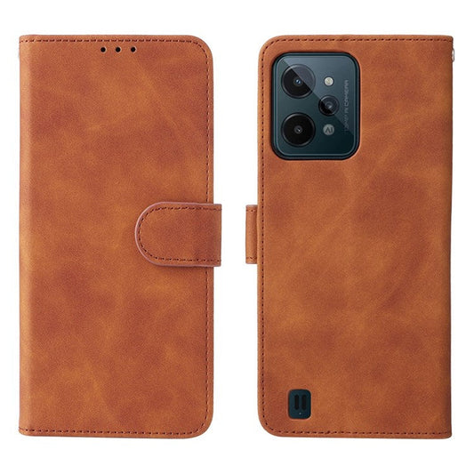 Skin-touch Feeling Phone Case for Realme C31, PU Leather + TPU Full Protection Cover with Stand Wallet - Brown