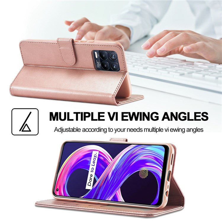 LC.IMEEKE For Realme 8 5G / 9 5G (India) / 9 Pro 5G / V13 5G / Q3 5G / Q3i 5G PU Leather Flip Wallet Case Stand Shockproof TPU Inner Shell Phone Cover - Pink