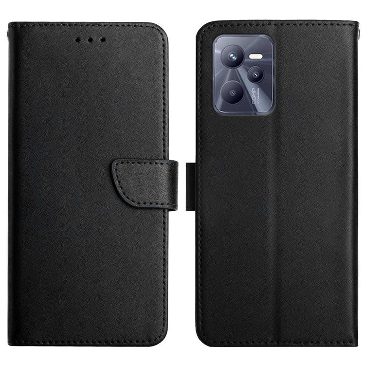 For Realme C35 Wallet Stand Genuine Leather Nappa Texture Magnetic Closure Folio Flip Phone Case - Black