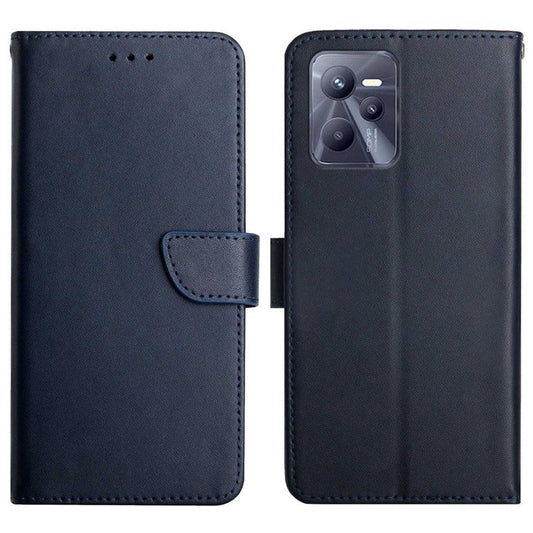For Realme C35 Wallet Stand Genuine Leather Nappa Texture Magnetic Closure Folio Flip Phone Case - Blue