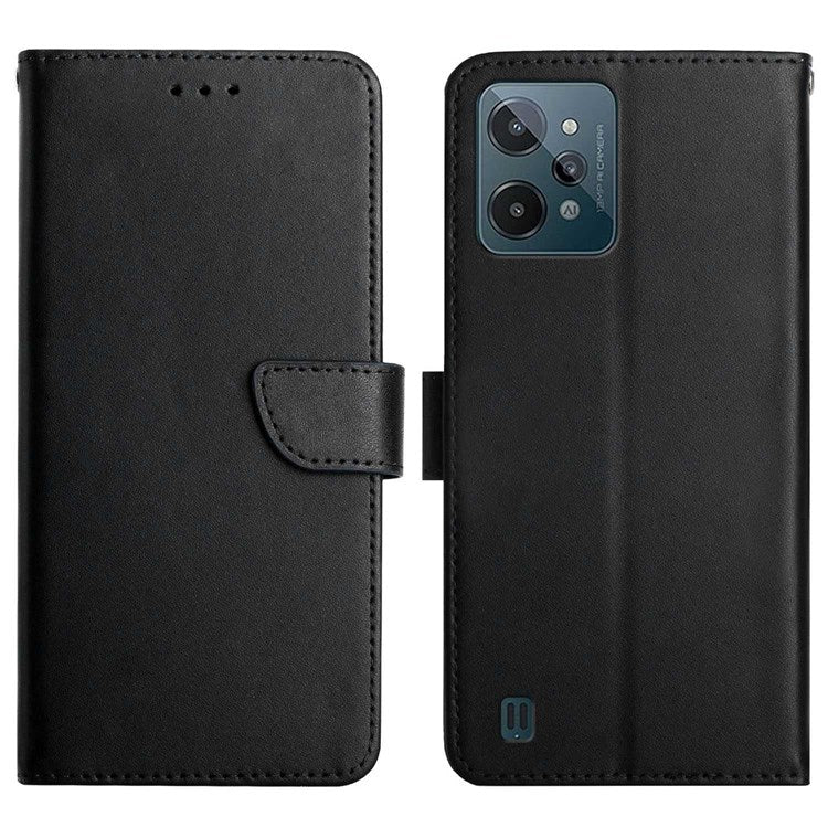 Nappa Texture Case for Realme C31, Wallet Stand Genuine Leather Shockproof Drop-proof Magnetic Closing Phone Cover - Black