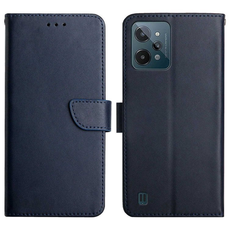 Nappa Texture Case for Realme C31, Wallet Stand Genuine Leather Shockproof Drop-proof Magnetic Closing Phone Cover - Blue