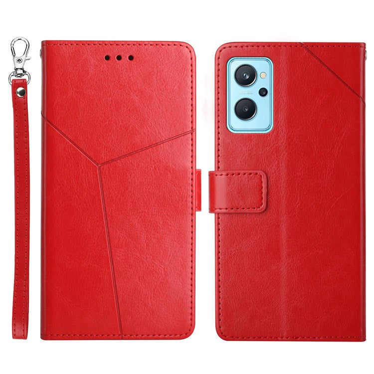 HT01 For Realme 9i/Oppo A36 4G/A76 4G/A96 4G/K10 4G Y-Shaped Lines Imprinted Phone Case PU Leather Wallet Stand Protective Cover - Red