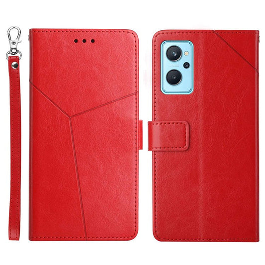 HT01 For Realme 9i/Oppo A36 4G/A76 4G/A96 4G/K10 4G Y-Shaped Lines Imprinted Phone Case PU Leather Wallet Stand Protective Cover - Red