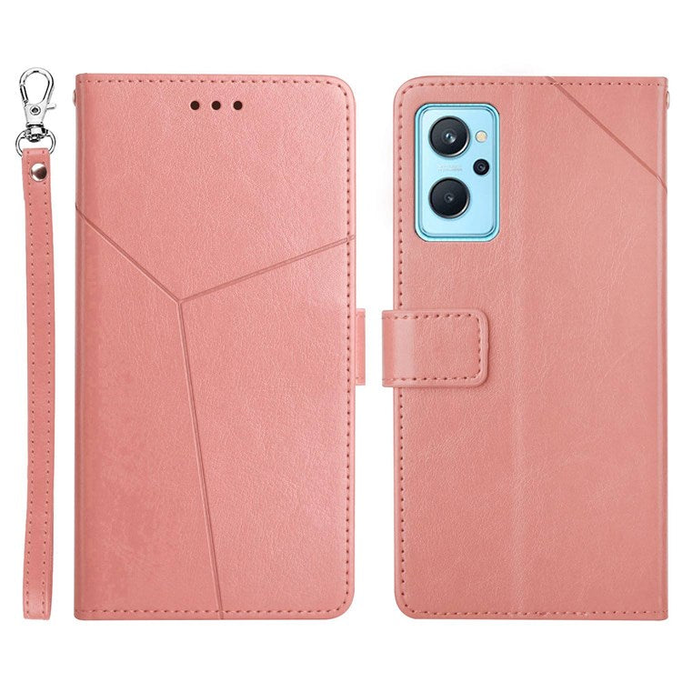 HT01 For Realme 9i/Oppo A36 4G/A76 4G/A96 4G/K10 4G Y-Shaped Lines Imprinted Phone Case PU Leather Wallet Stand Protective Cover - Pink