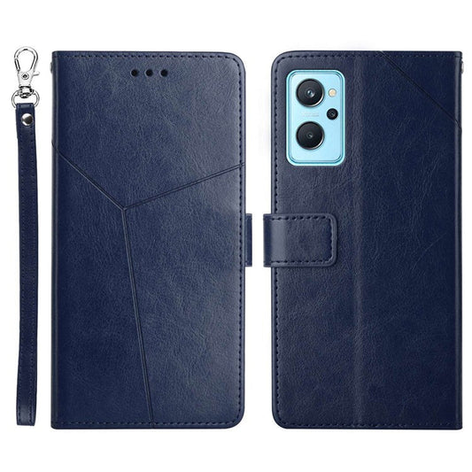 HT01 For Realme 9i/Oppo A36 4G/A76 4G/A96 4G/K10 4G Y-Shaped Lines Imprinted Phone Case PU Leather Wallet Stand Protective Cover - Blue