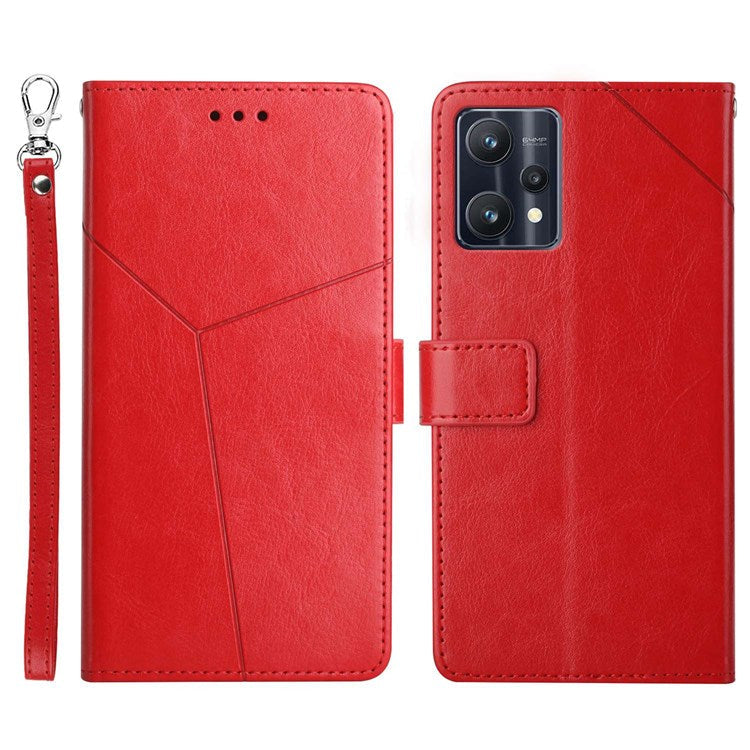 HT01 For Realme V25 / Realme 9 Pro 5G / 9 5G / OnePlus Nord CE 2 Lite 5G Y-Shaped Lines Imprinted PU Leather + TPU Phone Case with Wallet Stand - Red