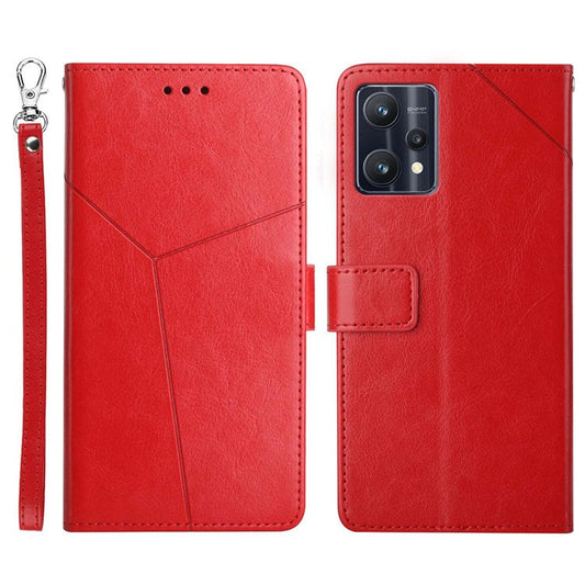 HT01 For Realme V25 / Realme 9 Pro 5G / 9 5G / OnePlus Nord CE 2 Lite 5G Y-Shaped Lines Imprinted PU Leather + TPU Phone Case with Wallet Stand - Red