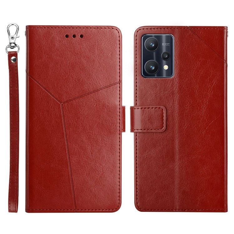HT01 For Realme V25 / Realme 9 Pro 5G / 9 5G / OnePlus Nord CE 2 Lite 5G Y-Shaped Lines Imprinted PU Leather + TPU Phone Case with Wallet Stand - Brown