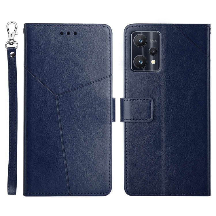 HT01 For Realme V25 / Realme 9 Pro 5G / 9 5G / OnePlus Nord CE 2 Lite 5G Y-Shaped Lines Imprinted PU Leather + TPU Phone Case with Wallet Stand - Blue