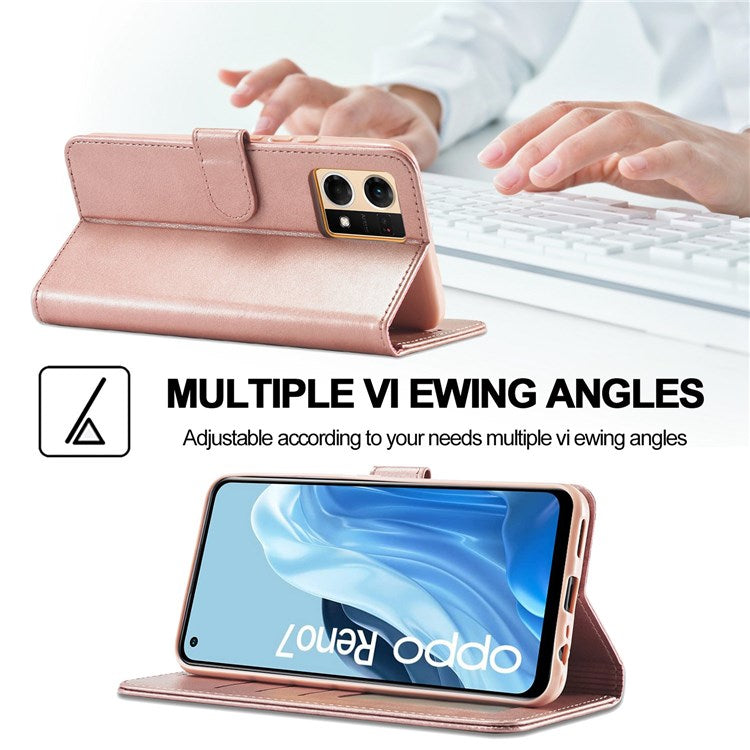 LC.IMEEKE Leather Wallet Phone Case for Oppo Reno7/F21 Pro 4G, Wallet Design Textured Leather Phone Shell with Adjustable Stand - Pink