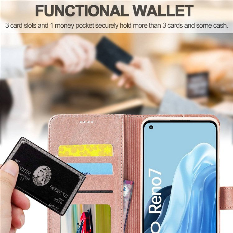 LC.IMEEKE Leather Wallet Phone Case for Oppo Reno7/F21 Pro 4G, Wallet Design Textured Leather Phone Shell with Adjustable Stand - Pink