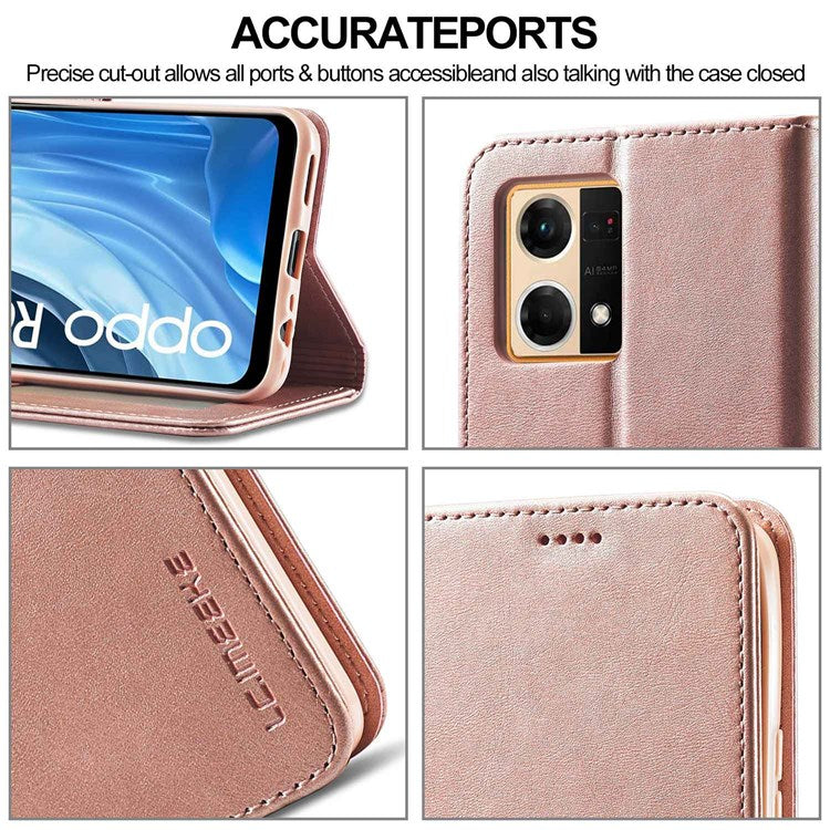 LC.IMEEKE Leather Wallet Phone Case for Oppo Reno7/F21 Pro 4G, Wallet Design Textured Leather Phone Shell with Adjustable Stand - Pink