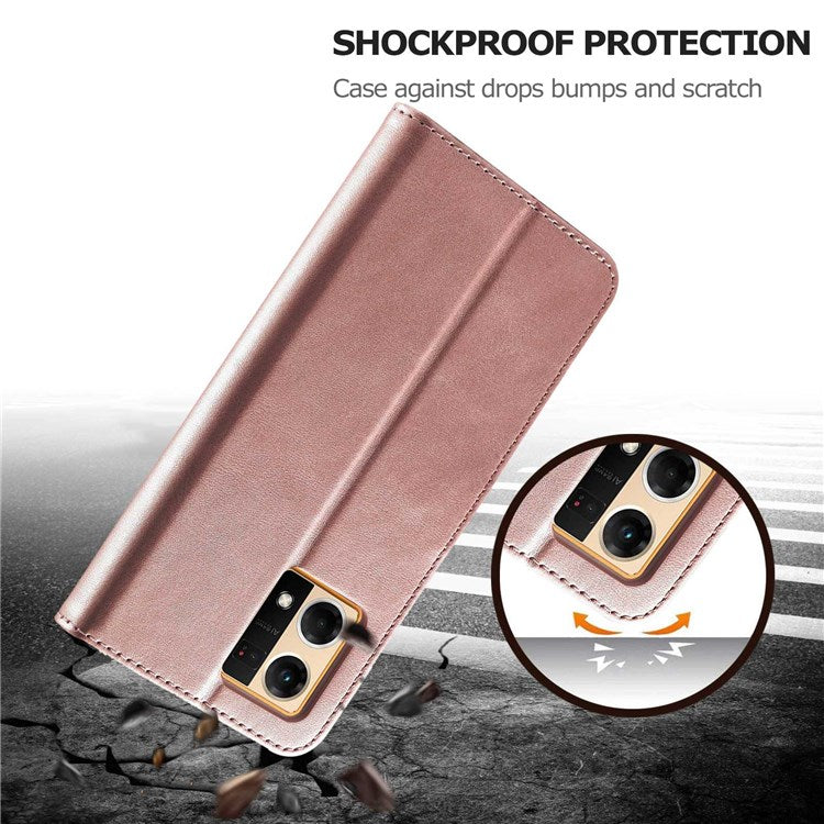 LC.IMEEKE Leather Wallet Phone Case for Oppo Reno7/F21 Pro 4G, Wallet Design Textured Leather Phone Shell with Adjustable Stand - Pink