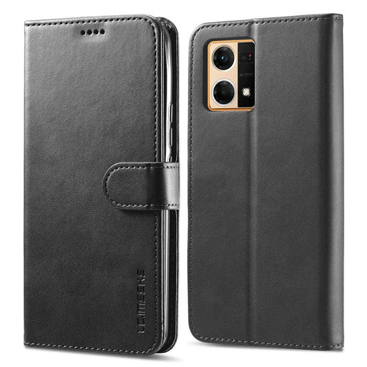 LC.IMEEKE Leather Wallet Phone Case for Oppo Reno7/F21 Pro 4G, Wallet Design Textured Leather Phone Shell with Adjustable Stand - Black
