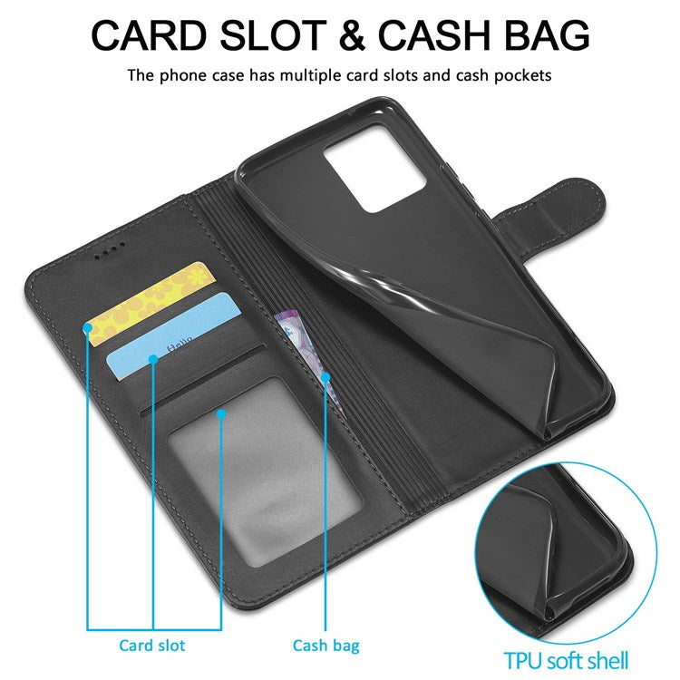 LC.IMEEKE Leather Wallet Phone Case for Oppo Reno7/F21 Pro 4G, Wallet Design Textured Leather Phone Shell with Adjustable Stand - Black