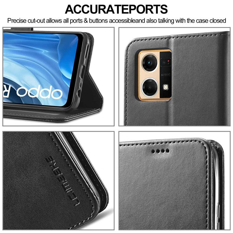 LC.IMEEKE Leather Wallet Phone Case for Oppo Reno7/F21 Pro 4G, Wallet Design Textured Leather Phone Shell with Adjustable Stand - Black