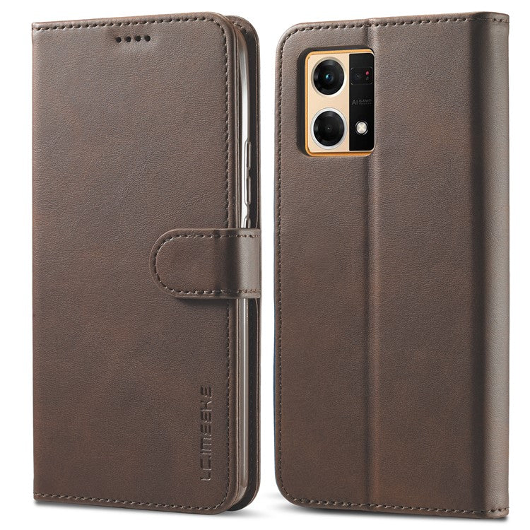 LC.IMEEKE Leather Wallet Phone Case for Oppo Reno7/F21 Pro 4G, Wallet Design Textured Leather Phone Shell with Adjustable Stand - Brown
