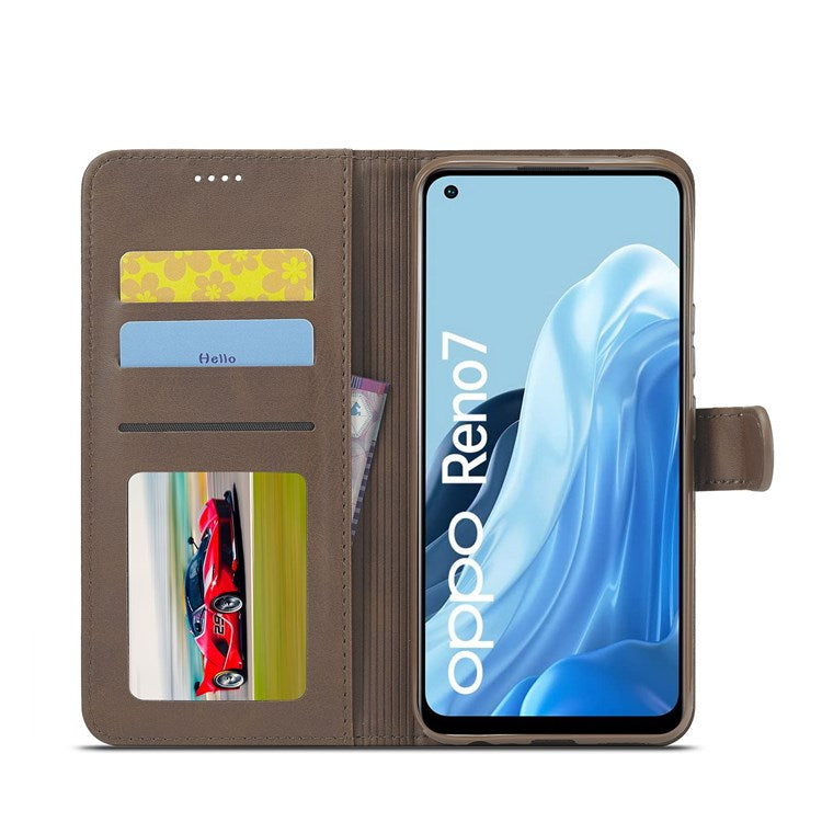 LC.IMEEKE Leather Wallet Phone Case for Oppo Reno7/F21 Pro 4G, Wallet Design Textured Leather Phone Shell with Adjustable Stand - Brown