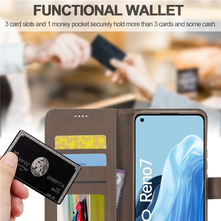 LC.IMEEKE Leather Wallet Phone Case for Oppo Reno7/F21 Pro 4G, Wallet Design Textured Leather Phone Shell with Adjustable Stand - Brown