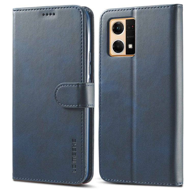 LC.IMEEKE Leather Wallet Phone Case for Oppo Reno7/F21 Pro 4G, Wallet Design Textured Leather Phone Shell with Adjustable Stand - Blue