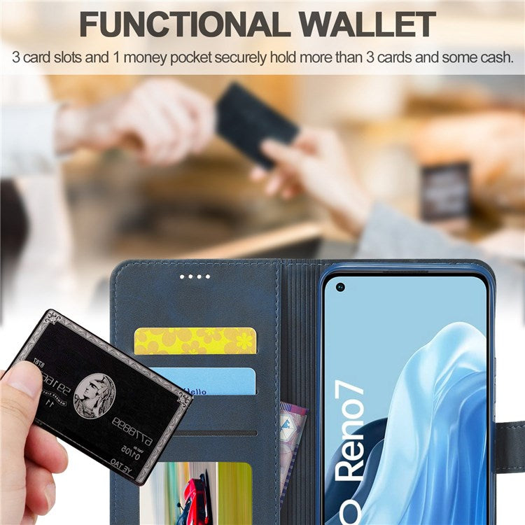LC.IMEEKE Leather Wallet Phone Case for Oppo Reno7/F21 Pro 4G, Wallet Design Textured Leather Phone Shell with Adjustable Stand - Blue