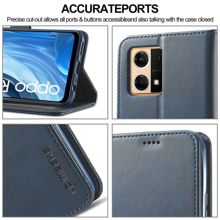 LC.IMEEKE Leather Wallet Phone Case for Oppo Reno7/F21 Pro 4G, Wallet Design Textured Leather Phone Shell with Adjustable Stand - Blue