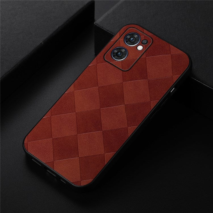 Slim Phone Case for Oppo Reno7 5G (Global) Grid Texture PU Leather Coated Hybrid Phone Cover Shockproof Phone Back Shell - Brown