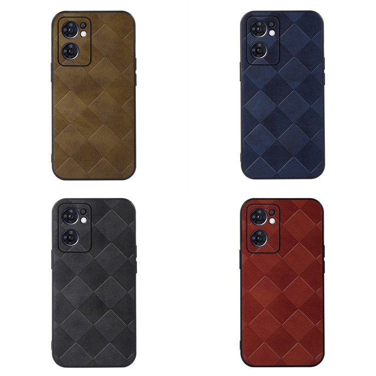 Slim Phone Case for Oppo Reno7 5G (Global) Grid Texture PU Leather Coated Hybrid Phone Cover Shockproof Phone Back Shell - Brown