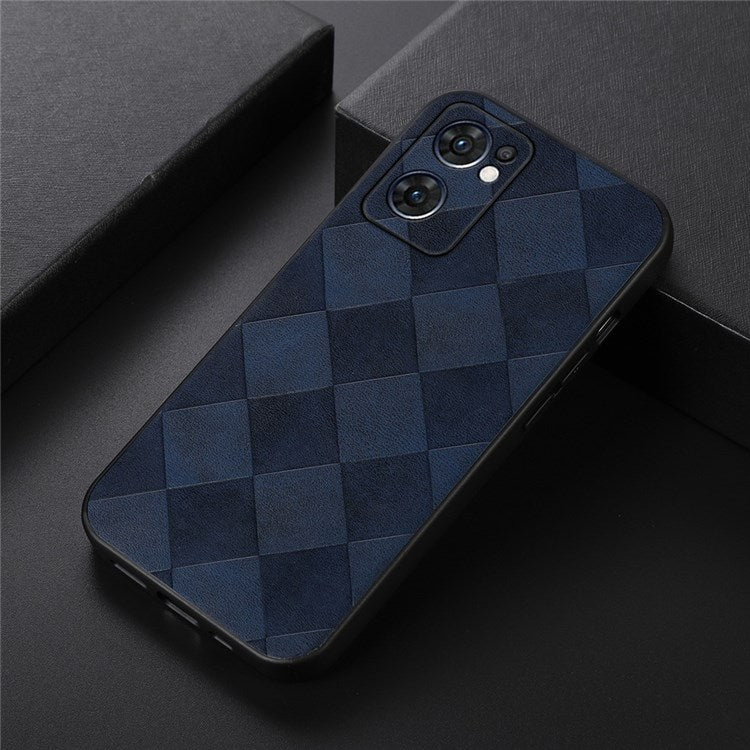 Slim Phone Case for Oppo Reno7 5G (Global) Grid Texture PU Leather Coated Hybrid Phone Cover Shockproof Phone Back Shell - Blue