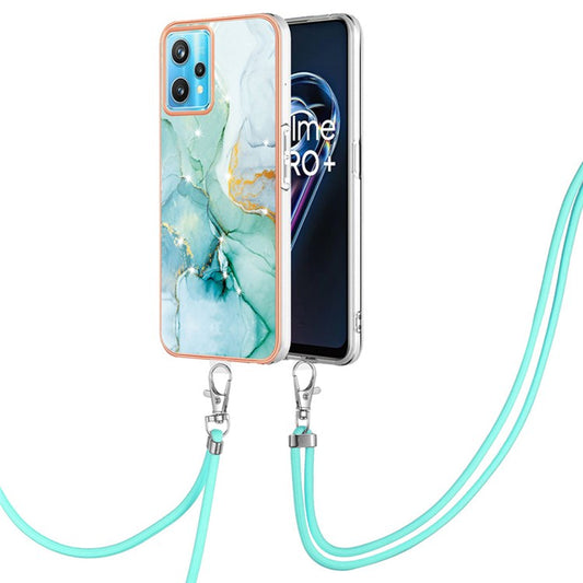 YB IMD Series-9 for Realme V25 / Realme 9 Pro 5G / 9 5G Marble Pattern IMD Soft TPU Case Electroplating Phone Shell with Lanyard - Green 003