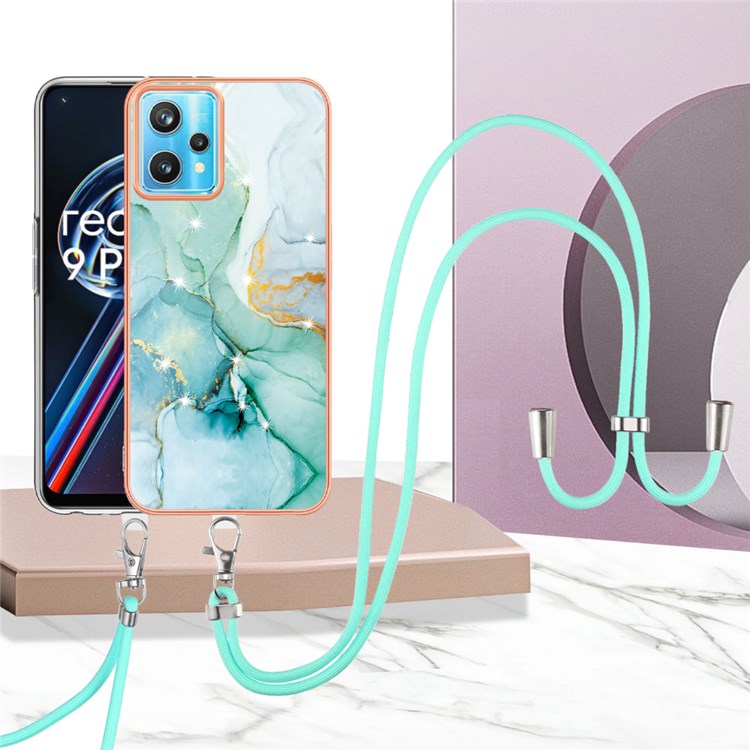 YB IMD Series-9 for Realme V25 / Realme 9 Pro 5G / 9 5G Marble Pattern IMD Soft TPU Case Electroplating Phone Shell with Lanyard - Green 003