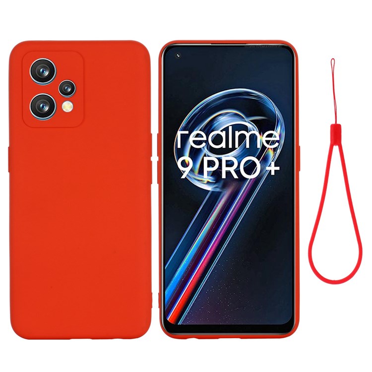 For Realme 9 Pro+ 5G Skin Touch Liquid Silicone Case Microfiber Lining Camera Protection Shockproof Phone Cover with Strap - Red