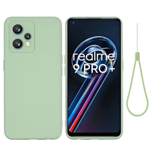 For Realme 9 Pro+ 5G Skin Touch Liquid Silicone Case Microfiber Lining Camera Protection Shockproof Phone Cover with Strap - Green