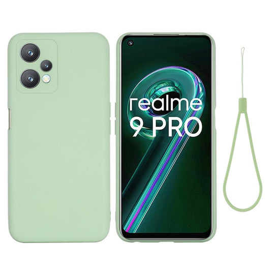 For Realme 9 Pro 5G / 9 5G / V25 Slim Liquid Silicone Case Scratch-Resistant Microfiber Lining Lens Camera Protection Back Cover with Strap - Green