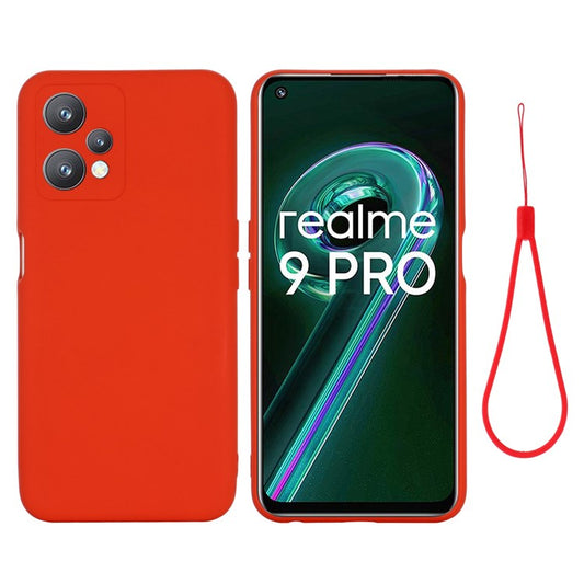 For Realme 9 Pro 5G / 9 5G / V25 Slim Liquid Silicone Case Scratch-Resistant Microfiber Lining Lens Camera Protection Back Cover with Strap - Red