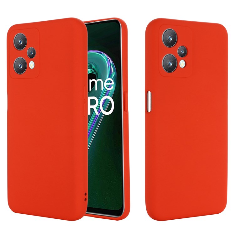 For Realme 9 Pro 5G / 9 5G / V25 Slim Liquid Silicone Case Scratch-Resistant Microfiber Lining Lens Camera Protection Back Cover with Strap - Red