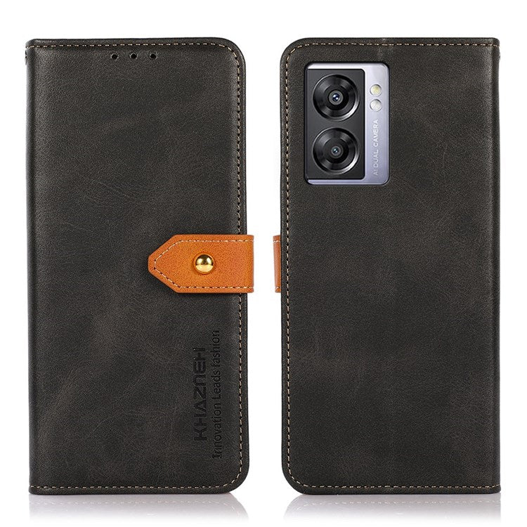 KHAZNEH for Oppo A57 (2022) 5G / A77 5G / OnePlus Nord N300 5G Golden Magnetic Buckle Hands-free Stand Cover, Dual Color Leather Flip Wallet Phone Case - Black